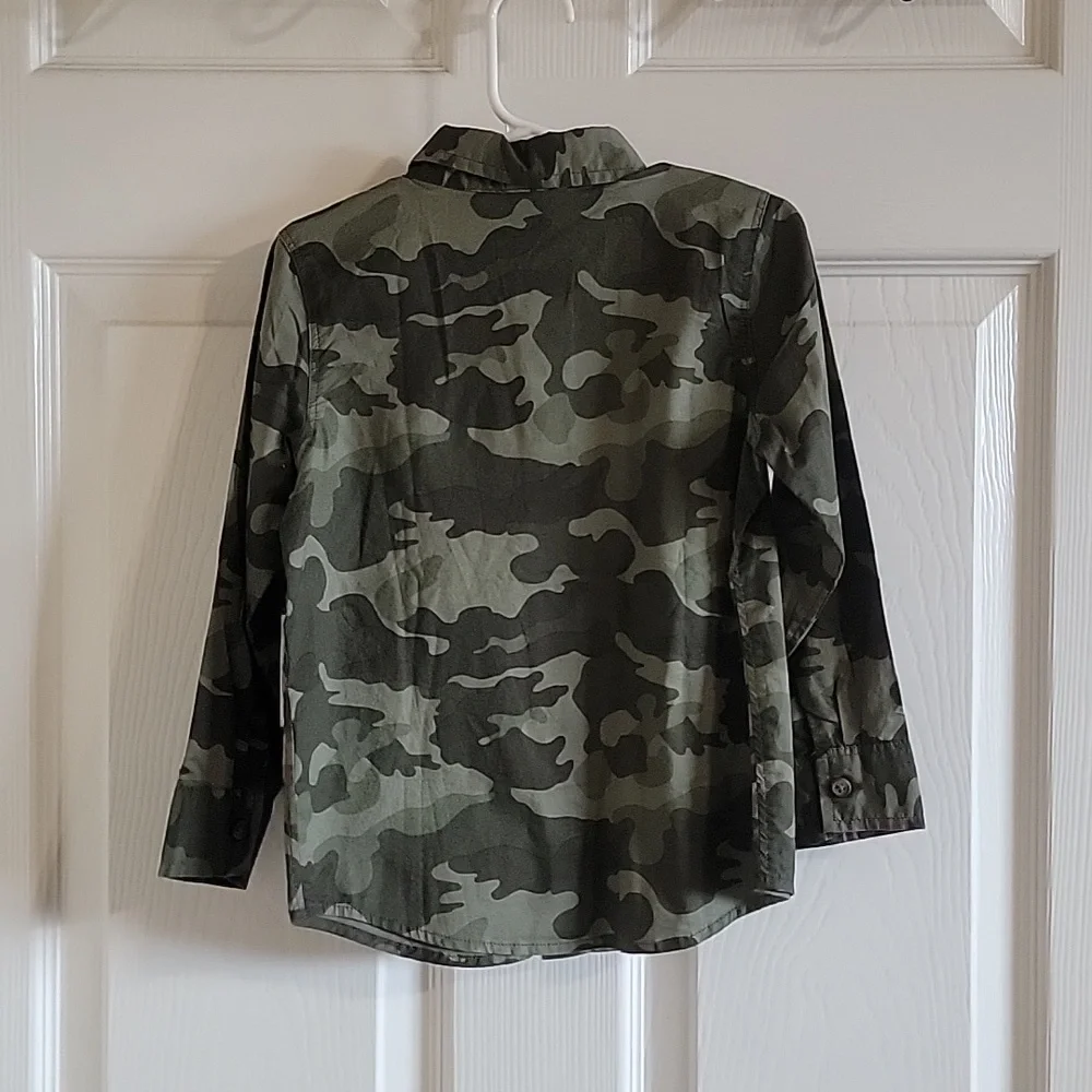 Boys Old Navy button down tops, white with blue sharks and camouflage green